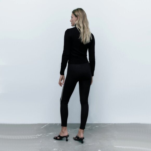 NWT Zara black legging pants w/ sparkly smoke charcoal crystal racer stripes, M - Picture 4 of 9